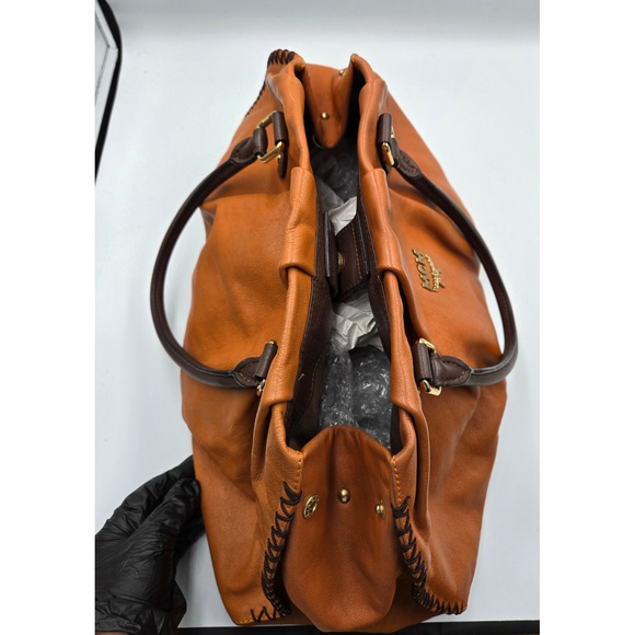 MCM Leather Satchel Handbag Purse Cognac Brown Top Handle Designer Bag - Picture 10 of 16